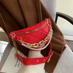 Beading Chain Waist Bag Diamond Lattice PU Leather Fanny Pack Female Waist Pack