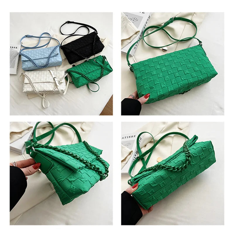 Canvas Chain Shoulder Bag Fold Women Handbag Green Tote Bag