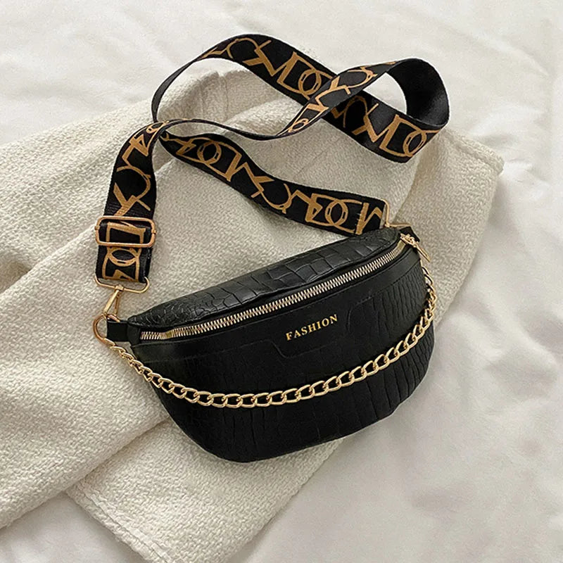 Leather Waist Bag for Women with Chain Strap, Crossbody Chest Phone Purse