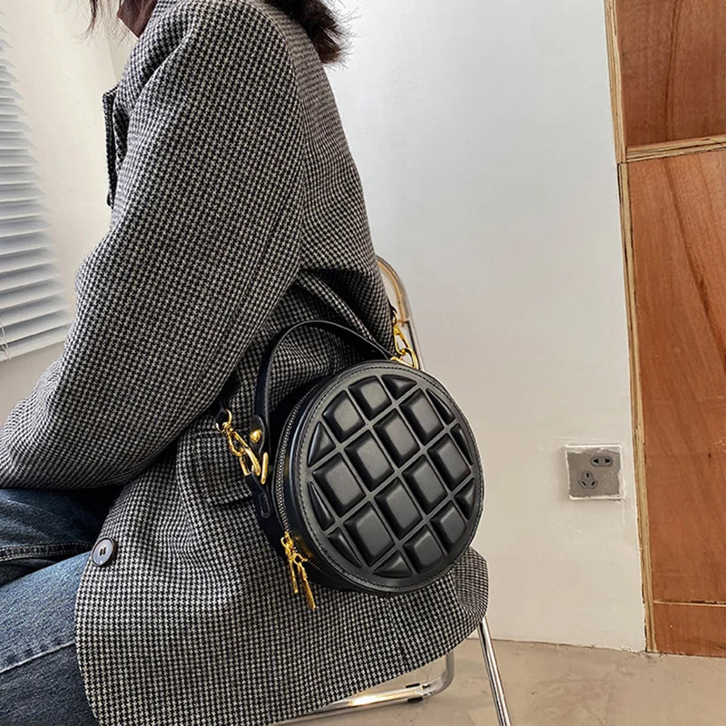 Checkered Round Hand Bags for Women Shoulder Ladies PU Leather Purses