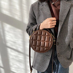 Checkered Round Hand Bags for Women Shoulder Ladies PU Leather Purses