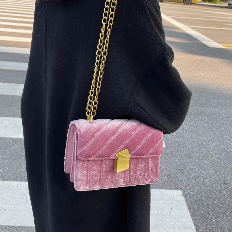Velvet Chain Crossbody Bag for Women Splicing Party Small Square Bags