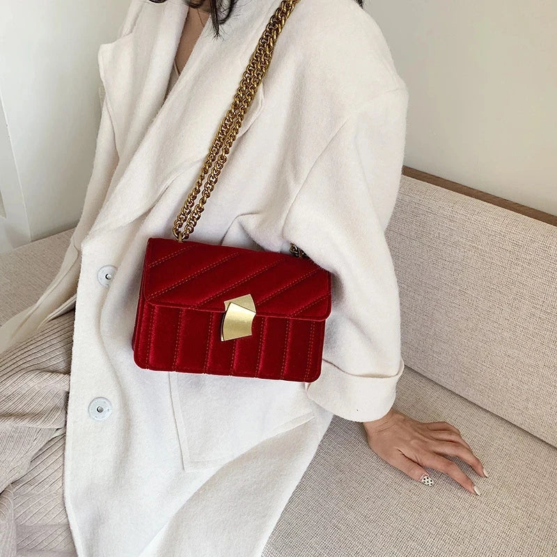 Velvet Chain Crossbody Bag for Women Splicing Party Small Square Bags