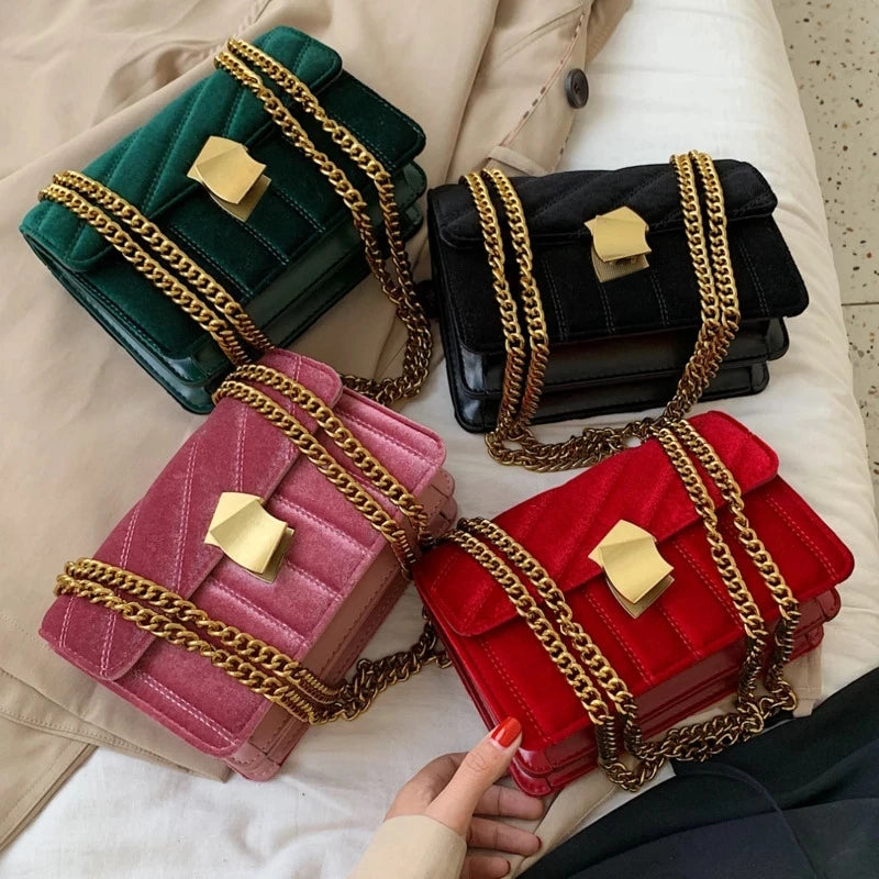 Velvet Chain Crossbody Bag for Women Splicing Party Small Square Bags