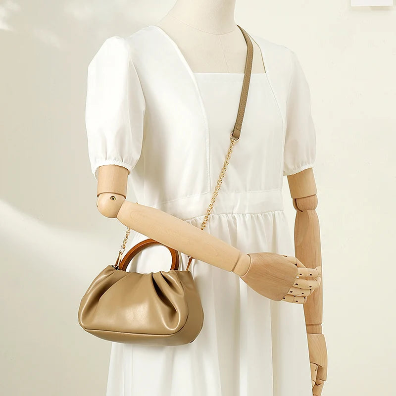 Chain Wood Hool Handle Small Handbag Women Pu Leathee Pleated Cloud