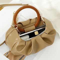 Chain Wood Hool Handle Small Handbag Women Pu Leathee Pleated Cloud