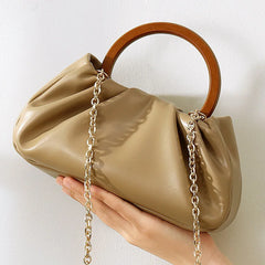 Chain Wood Hool Handle Small Handbag Women Pu Leathee Pleated Cloud