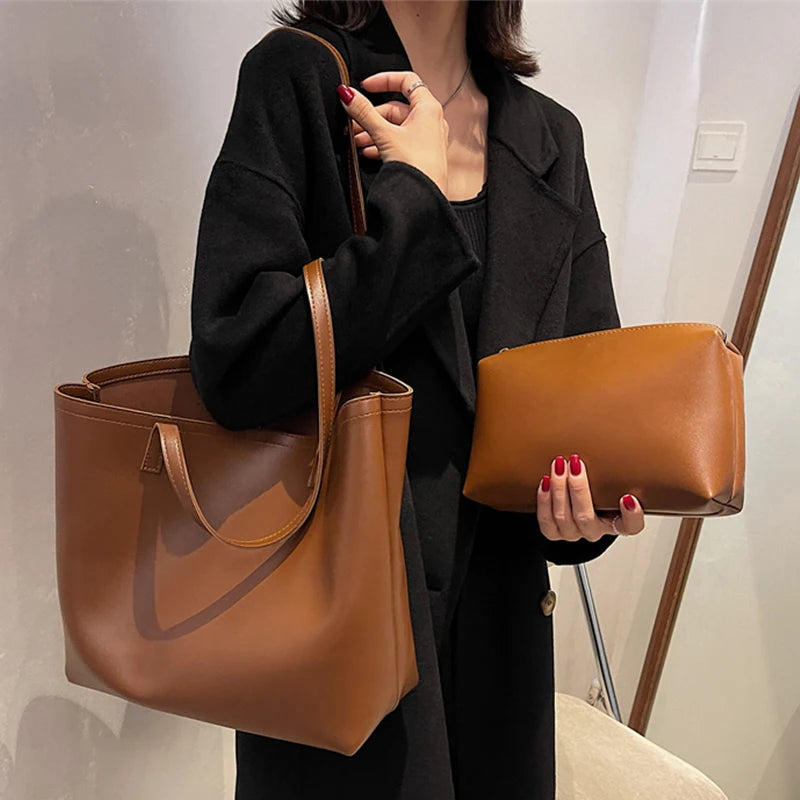 Large Capacity Bucket Handbag Women PU Leather Ladies Shoulder Totes