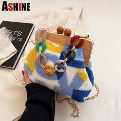 Women's Faux Fur Shoulder Crossbody Bag Acrylic Chain Party Clutch