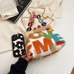 Women's Faux Fur Shoulder Crossbody Bag Acrylic Chain Party Clutch
