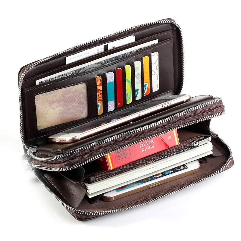 Men Clutch Bag Long Wallet Leather Double Zip Business Purse Brown