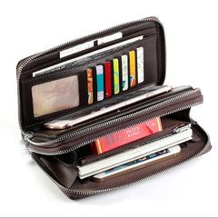Men Clutch Bag Long Wallet Leather Double Zip Business Purse Brown