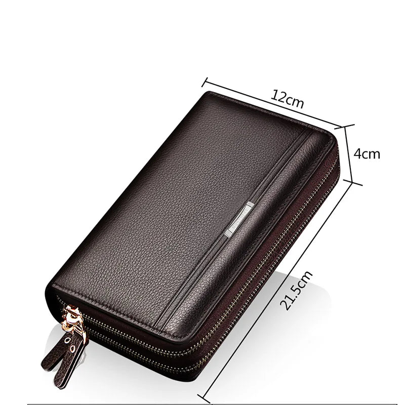 Men Clutch Bag Long Wallet Leather Double Zip Business Purse Brown