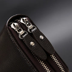 Brown Leather Men's Clutch Business Purse Double Zipper Wallet
