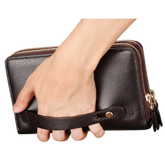 Men Clutch Bag Long Wallet Leather Double Zip Business Purse Brown