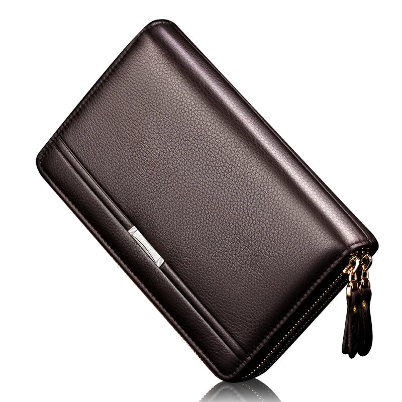 Men Clutch Bag Long Wallet Leather Double Zip Business Purse Brown