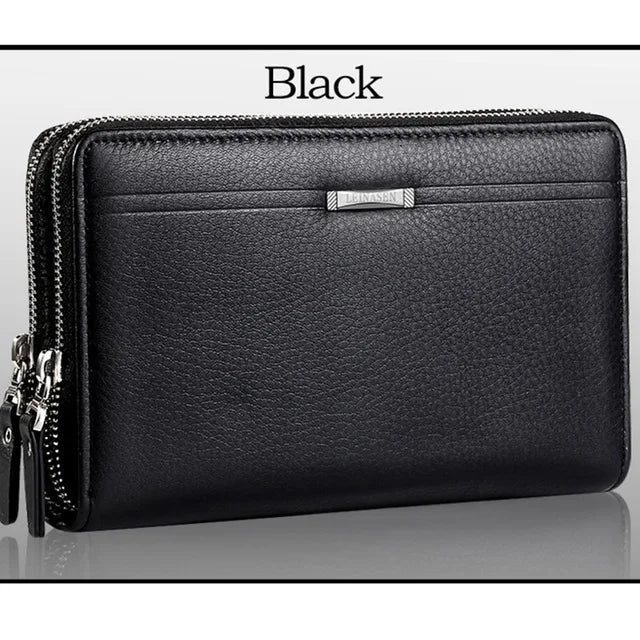Men Clutch Bag Long Wallet Leather Double Zip Business Purse Brown