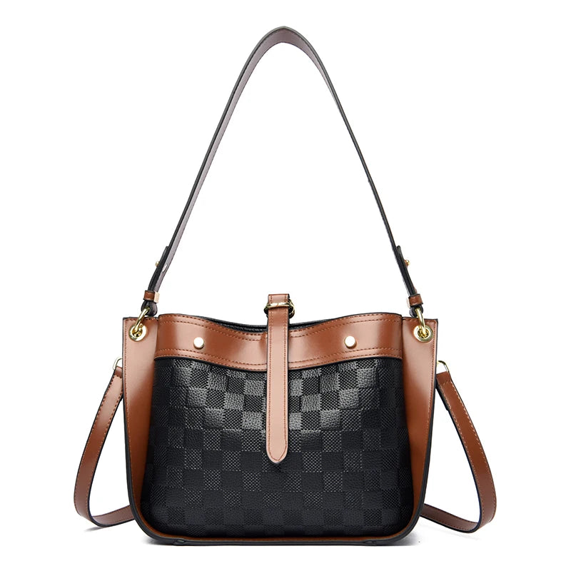 Plaid Leather Shoulder Crossbody Tote Bag for Women