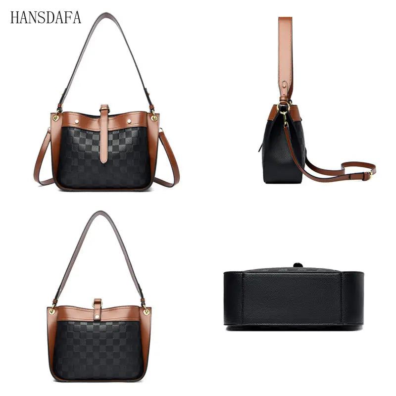 Plaid Leather Shoulder Crossbody Tote Bag for Women