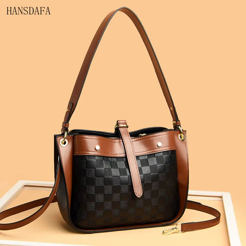 Plaid Leather Shoulder Crossbody Tote Bag for Women