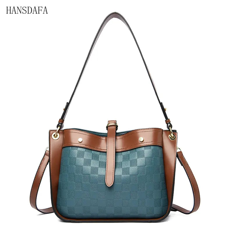 Plaid Leather Shoulder Crossbody Tote Bag for Women