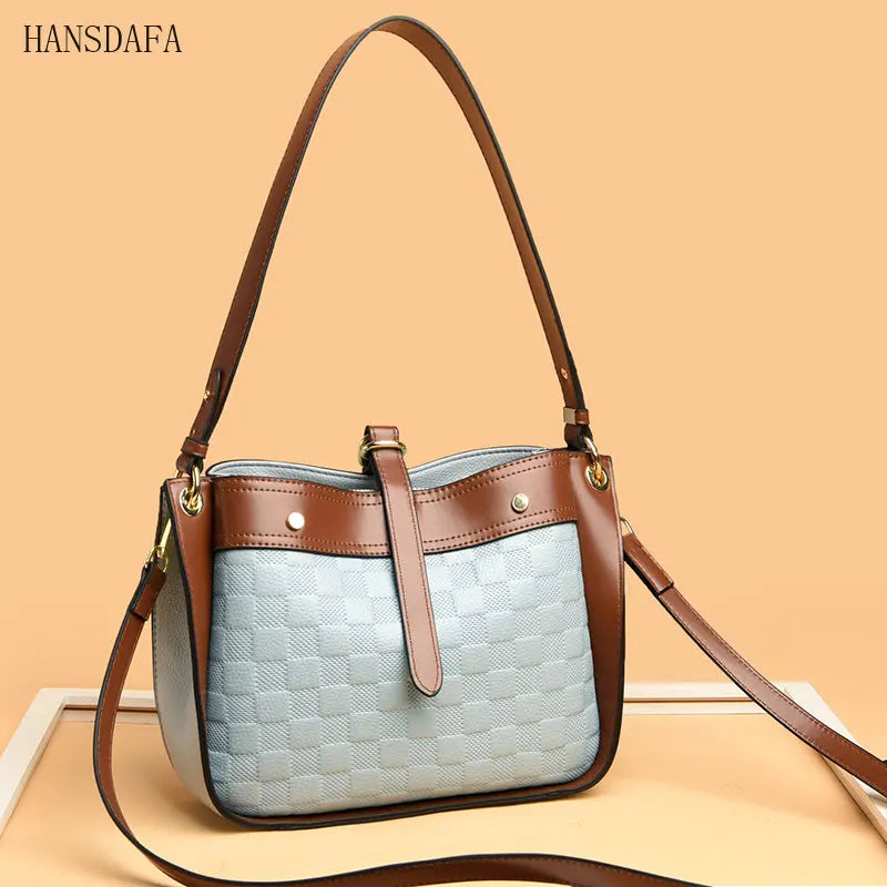 Plaid Leather Shoulder Crossbody Tote Bag for Women