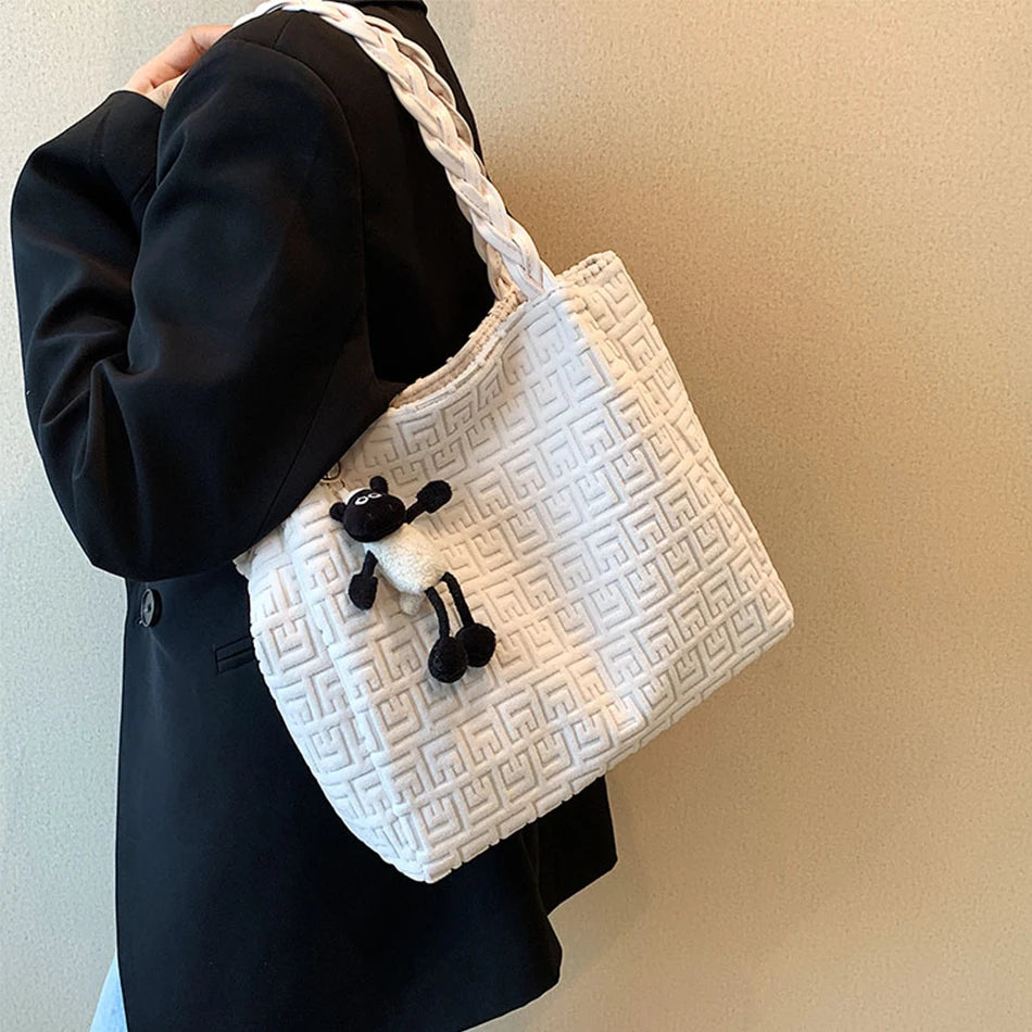Winter Women's Corduroy Shoulder Bag Striped Tote Lady Purse Handbag