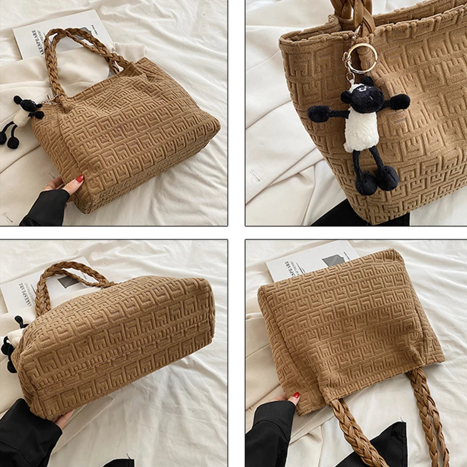 Winter Women's Corduroy Shoulder Bag Striped Tote Lady Purse Handbag