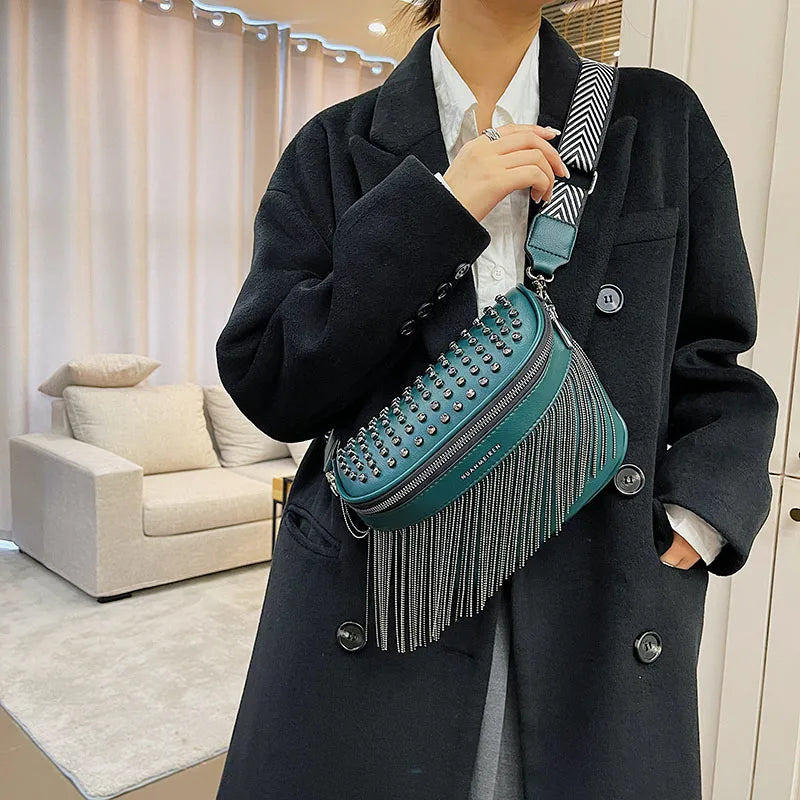 Tassel Leather Waist Bag Rivet Desing Large Capacity Crossbody Chest Pack Purses