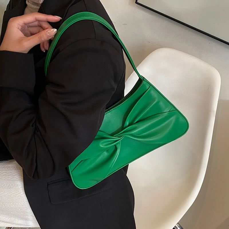 Green Brown Armpit Bags Ruched Handbags PU Leather Underarm Bags