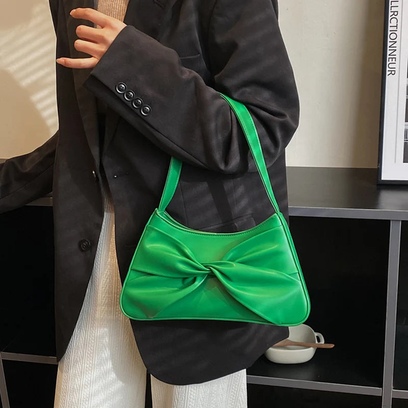 Green Brown Armpit Bags Ruched Handbags PU Leather Underarm Bags