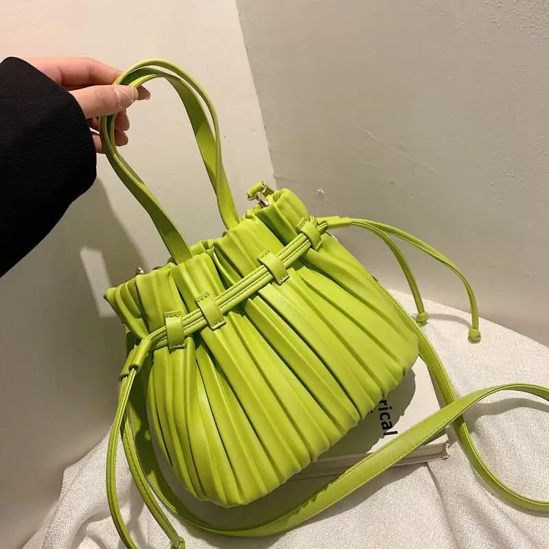 Women's Pleats Bucket Bag High PU Leather Small Crossbody Bag