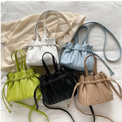 Women's Pleats Bucket Bag High PU Leather Small Crossbody Bag
