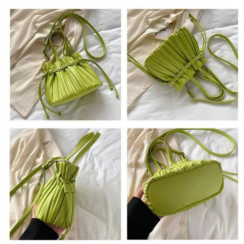 Women's Pleats Bucket Bag High PU Leather Small Crossbody Bag