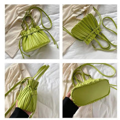Women's Pleats Bucket Bag High PU Leather Small Crossbody Bag