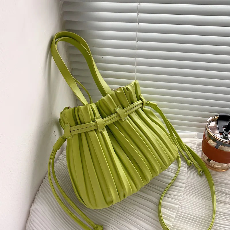 Women's Pleats Bucket Bag High PU Leather Small Crossbody Bag