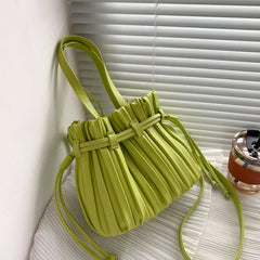 Women's Pleats Bucket Bag High PU Leather Small Crossbody Bag