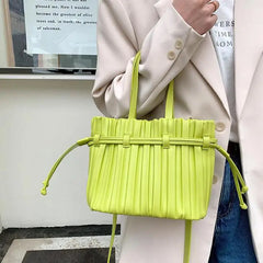 Women's Pleats Bucket Bag High PU Leather Small Crossbody Bag