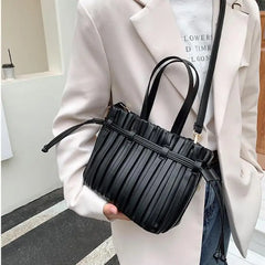 Women's Pleats Bucket Bag High PU Leather Small Crossbody Bag