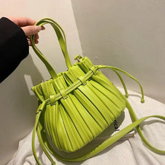 Women's Pleats Bucket Bag High PU Leather Small Crossbody Bag