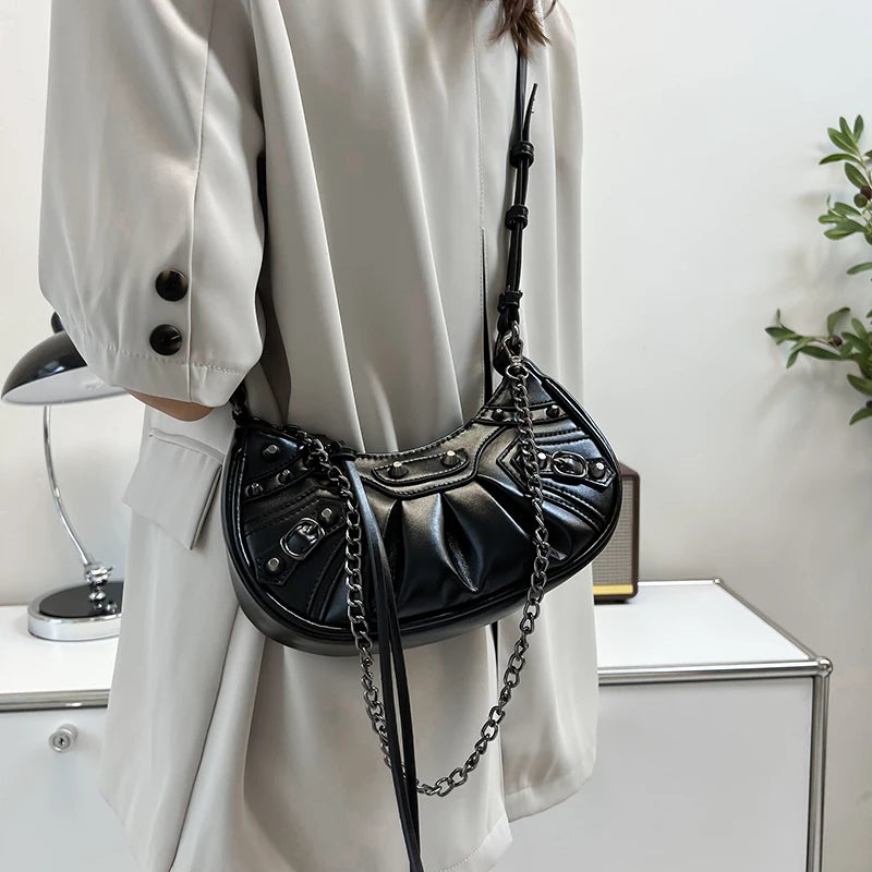 Green Rivet Half Moon Hobo Bag Punk Style Satchel Handbag