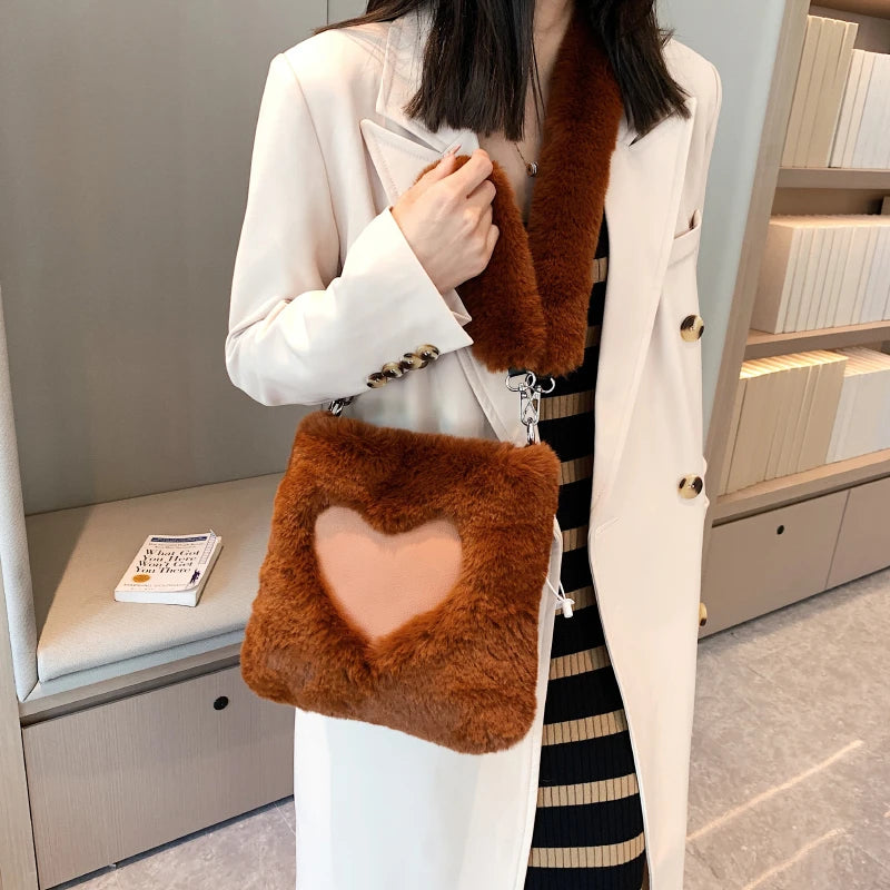 Brown Faux Fur Women Handbags Plush Shoulder Tote Bag