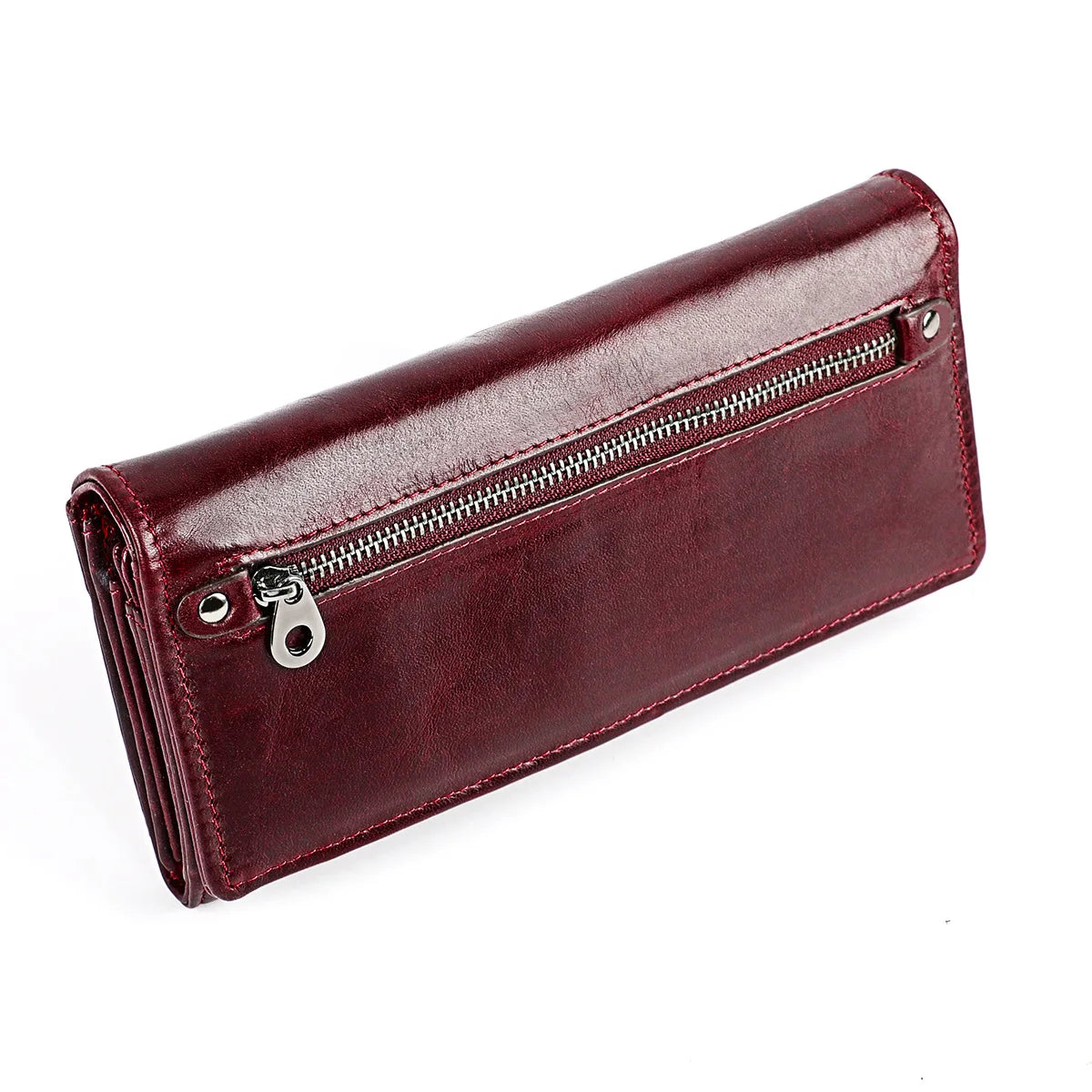 Cowhide Women Clutch Wallet RFID Leather Long Zipper Purse Red