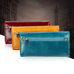 Cowhide Women Clutch Wallet RFID Leather Long Zipper Purse Red