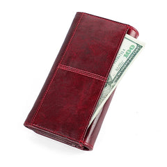 Cowhide Women Clutch Wallet RFID Leather Long Zipper Purse Red