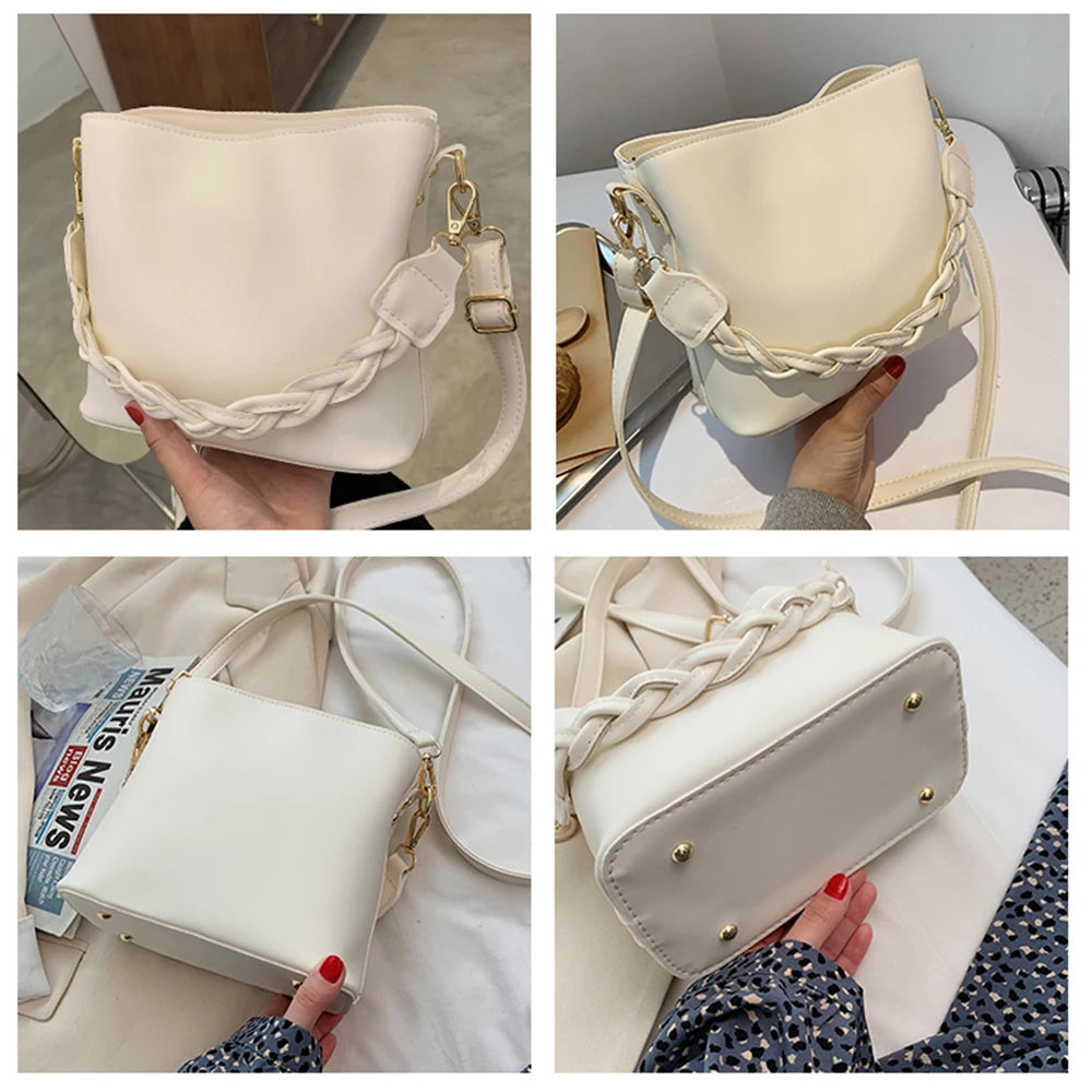 Solid Crossbody Bags PU Leather Women Bucket Shoulder Bag Small Handbags