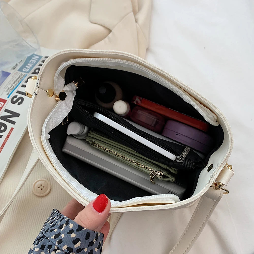 Solid Crossbody Bags PU Leather Women Bucket Shoulder Bag Small Handbags