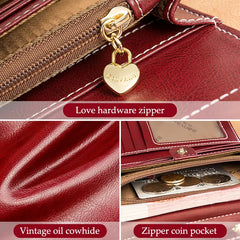 Vintage Oil Wax Women Leather Wallet Large Capacity Clutch Purse Ladies Bag