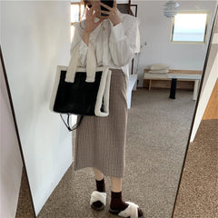 Women Shoulder Bags Lamb Wool Stitching Leather Ladies Large Casual Tote Bag
