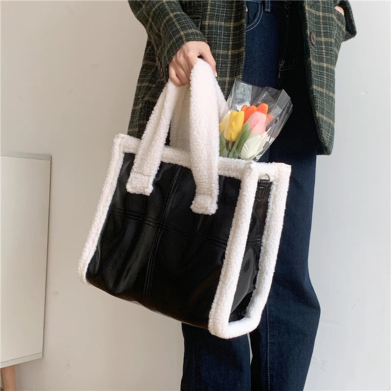 Women Shoulder Bags Lamb Wool Stitching Leather Ladies Large Casual Tote Bag